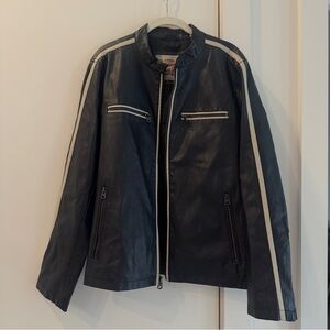Y2K Levi Strauss Moto Navy Leather Jacket with Cream Stripes